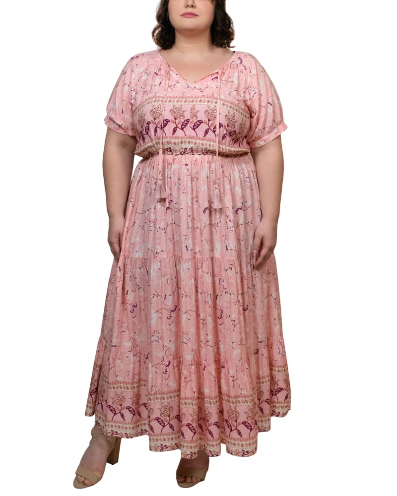 Front of a model wearing a size 1X Ursula Midi Dress Fit & Flare Floral Print Pink in Pink by ANNICK. | dia_product_style_image_id:294793